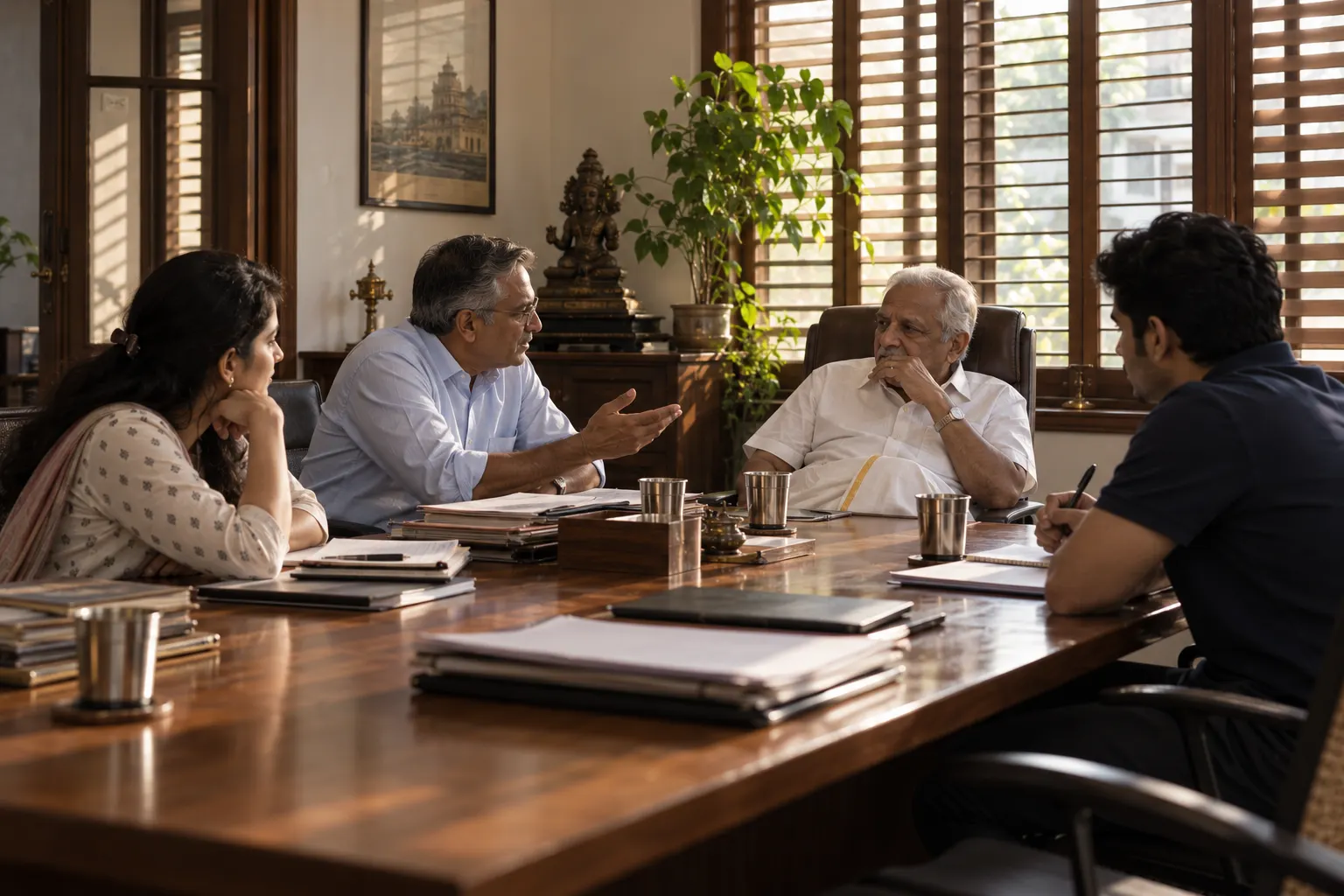Three generations of a family seated around a teak boardroom table, mid-conversation