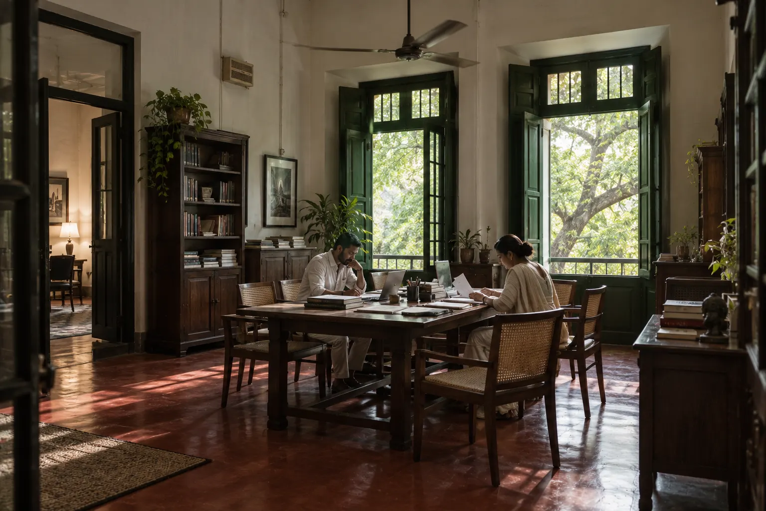 A high-ceilinged office in an old Nungambakkam bungalow