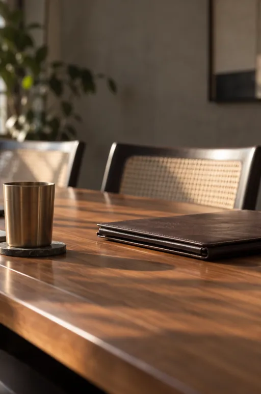 Detail of a teak boardroom table with a leather folder and a brass tumbler