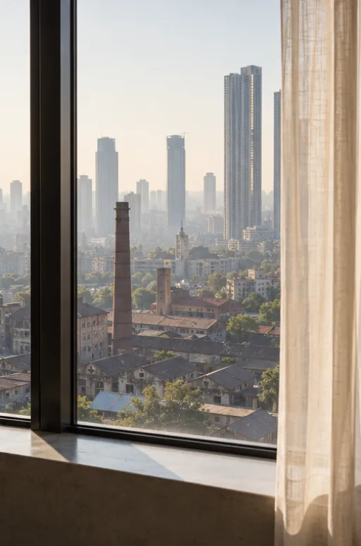 Lower Parel mill chimneys and towers seen through a tall office window