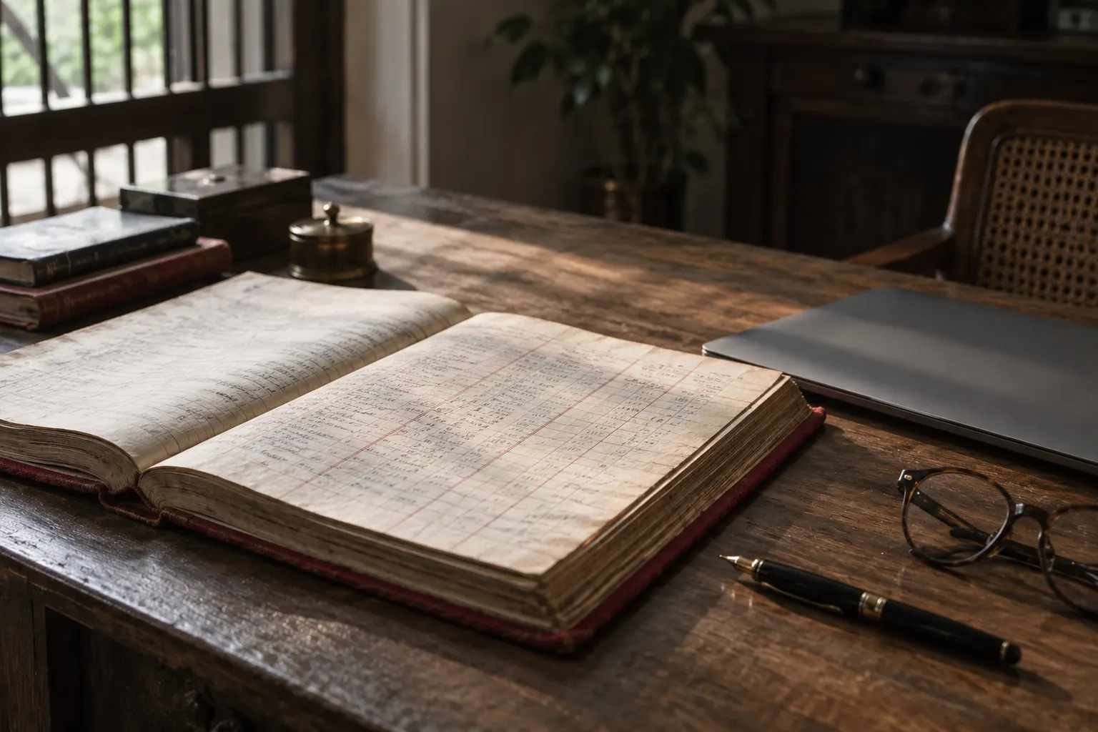 An old cloth-bound business ledger beside a closed laptop on a teak desk