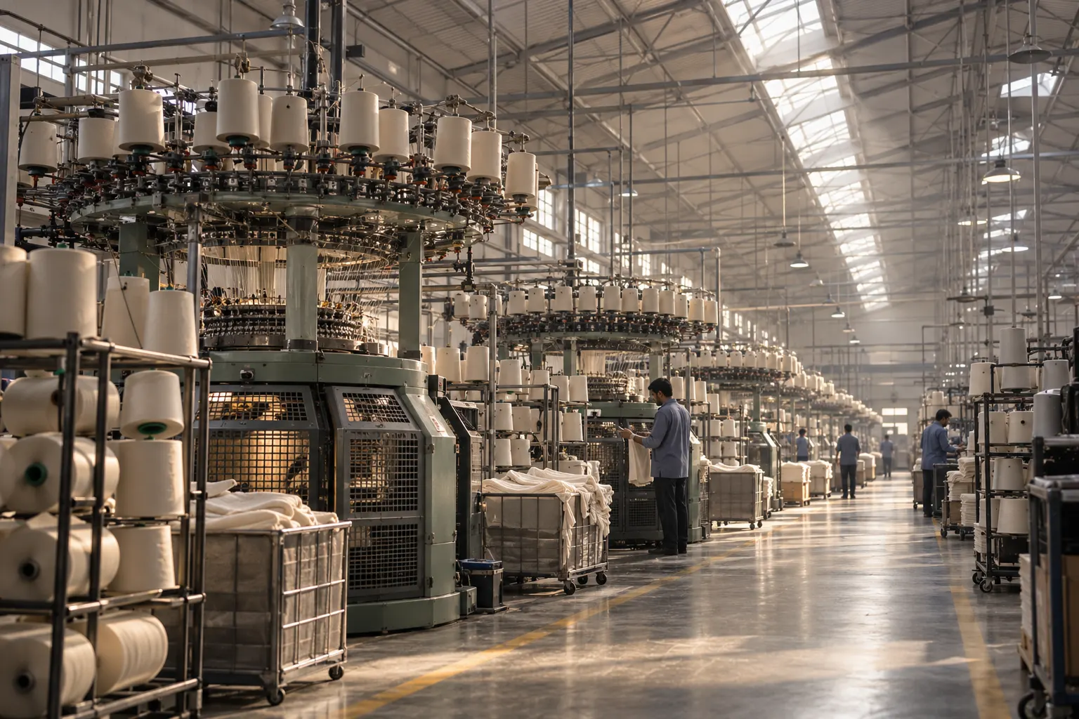 Rows of circular knitting machines on a Tiruppur mill floor in daylight
