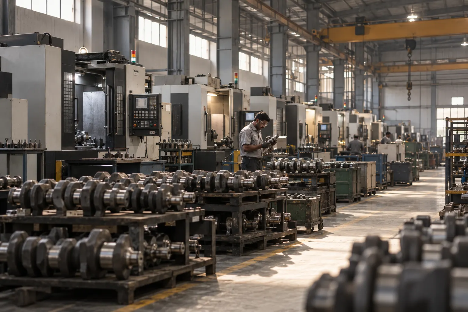 CNC machines and stacked crankshaft forgings in a Chakan plant