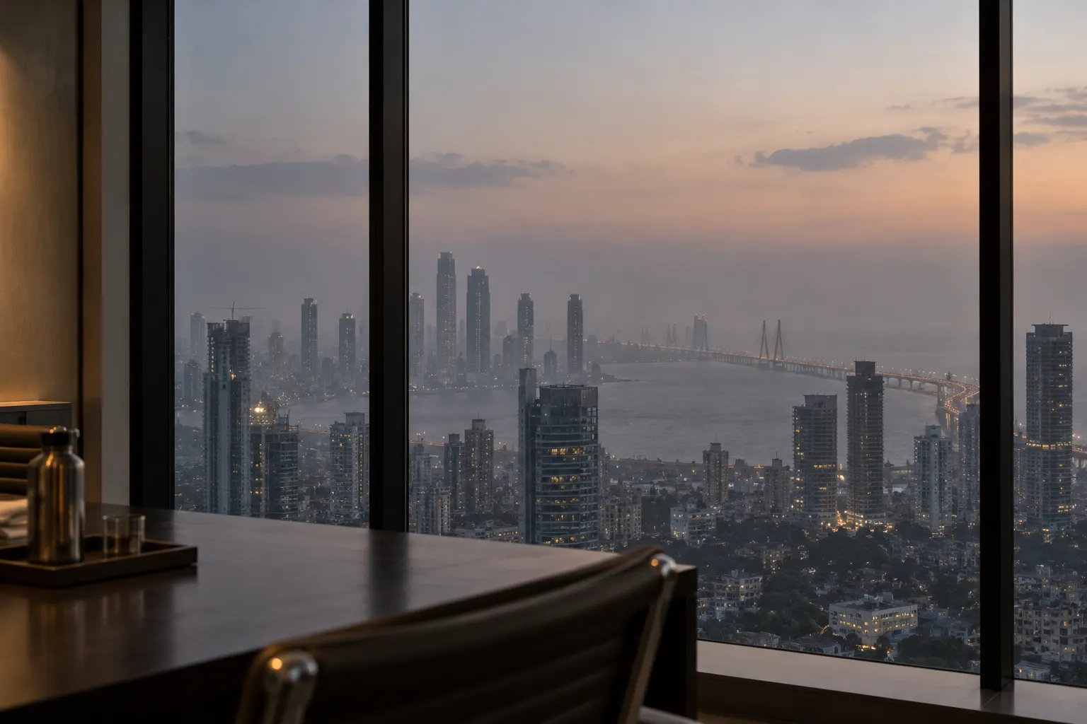 Dusk over Worli seen from a meeting room in Lower Parel