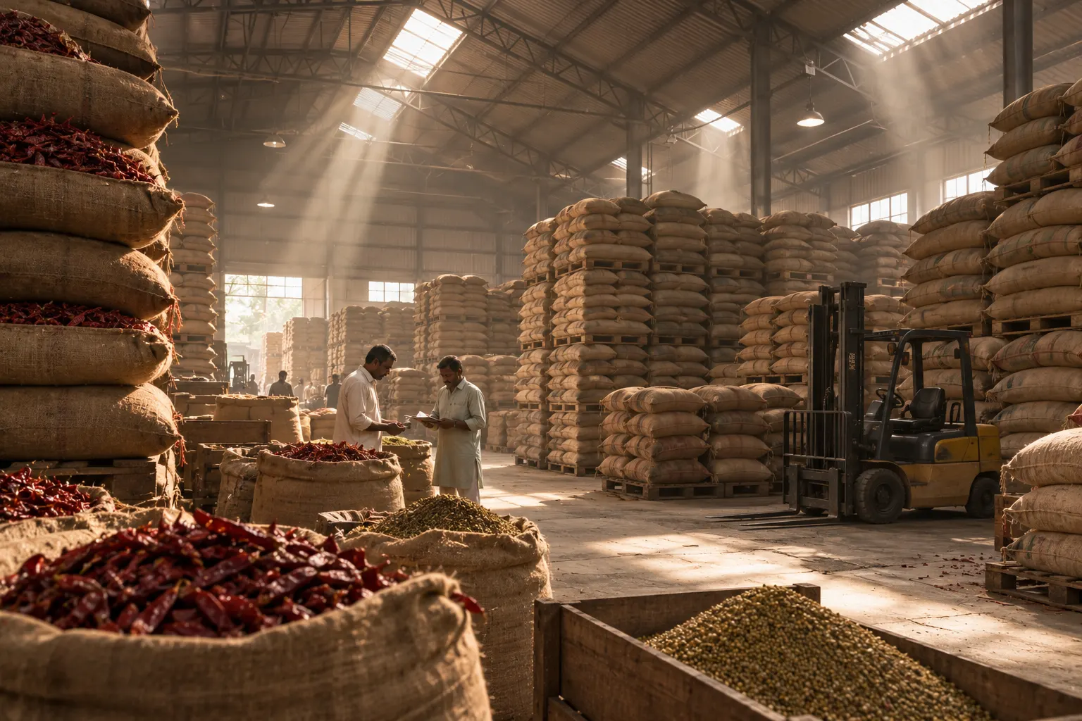 Stacks of jute sacks in a spice warehouse in Indore