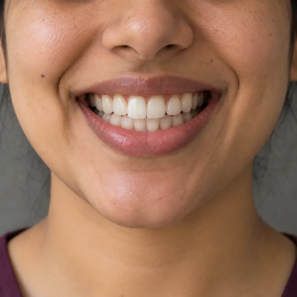 After eleven months of aligners: the same smile with evenly aligned teeth
