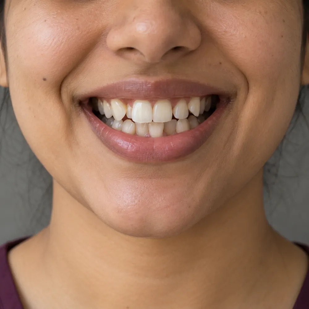 Before treatment: lower front teeth overlapping, one upper tooth turned inward