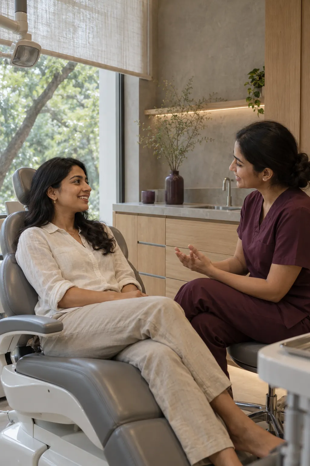 A patient sitting upright in the chair, talking with a dentist in plum scrubs