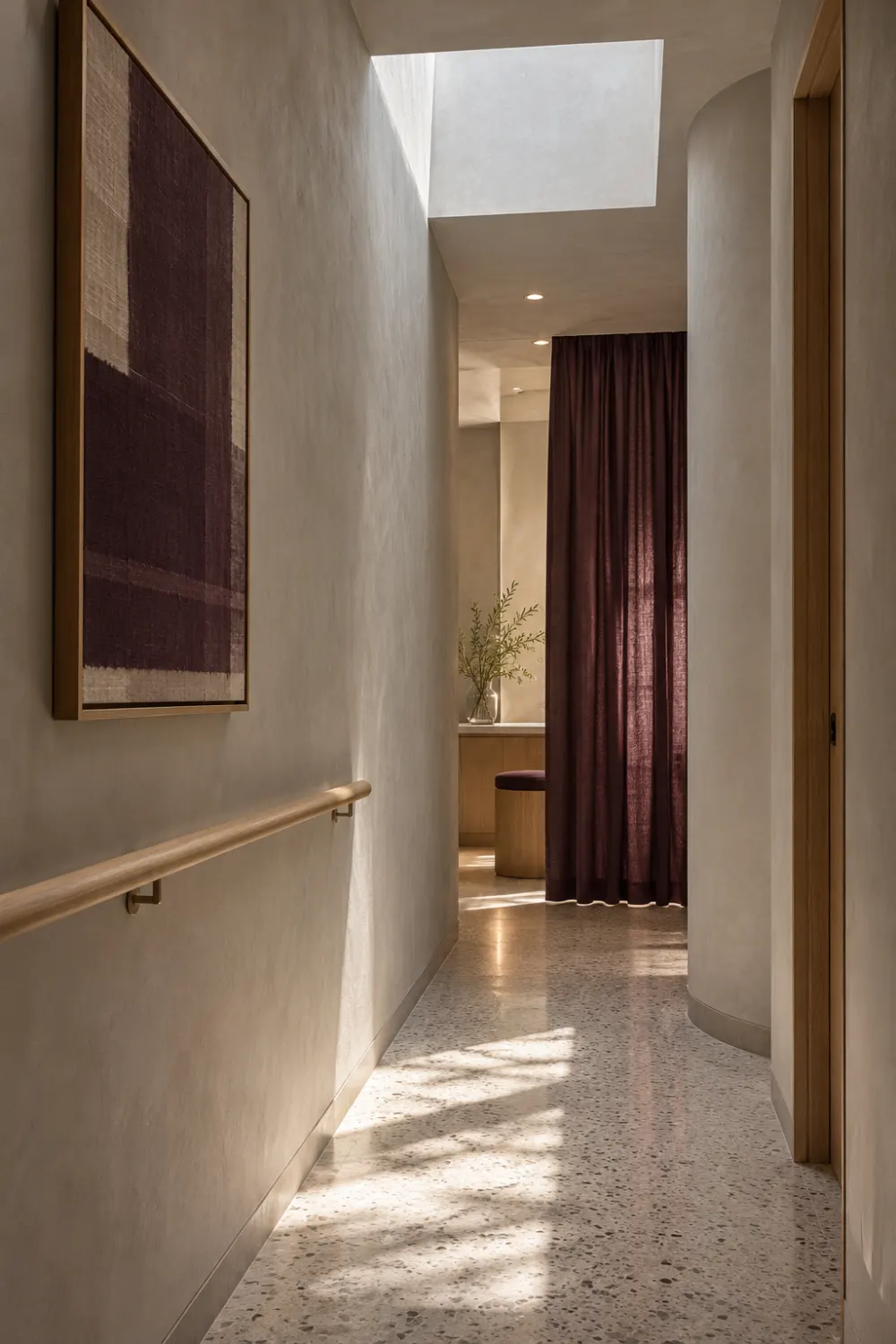 A plaster corridor lit from a skylight