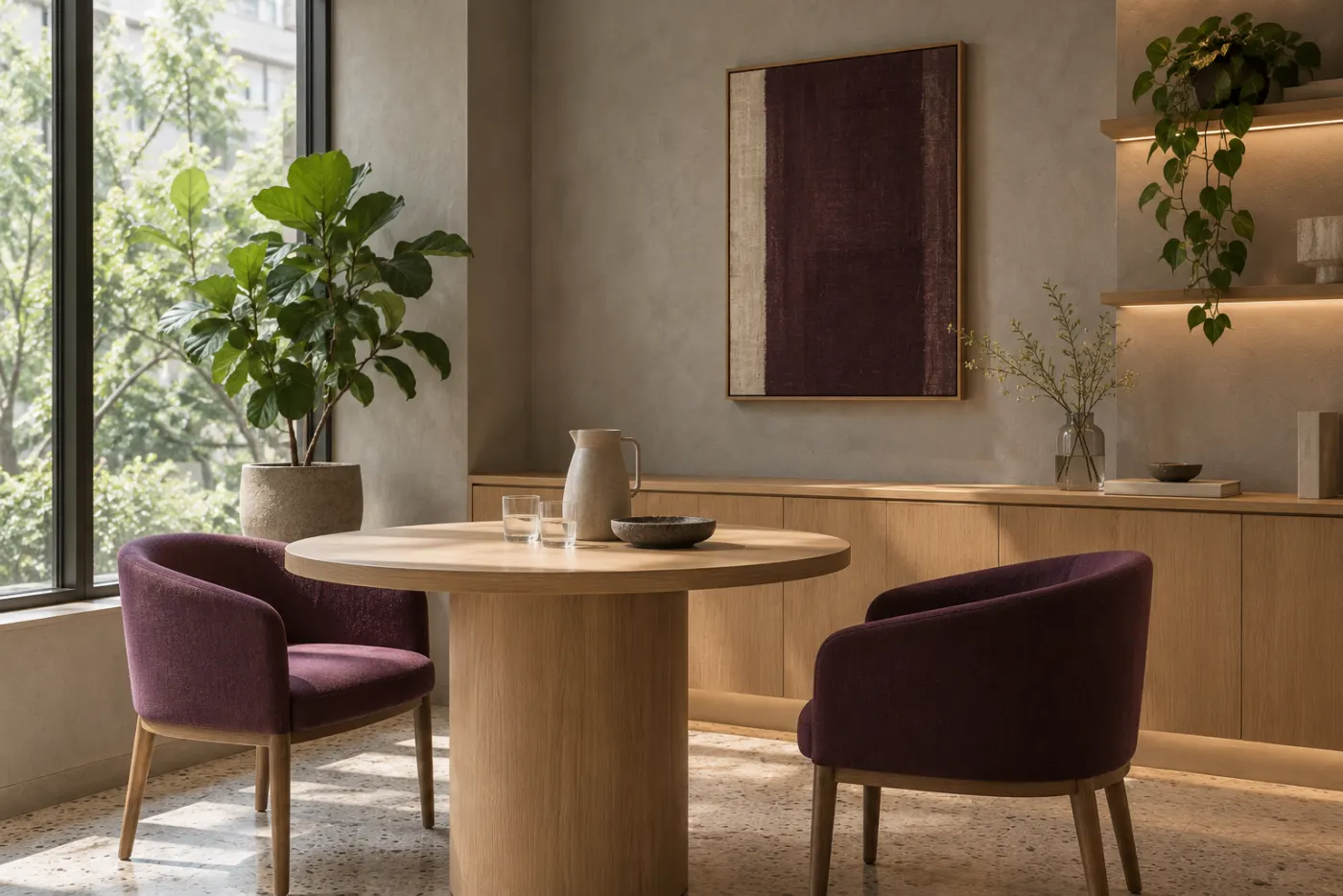 A round oak table with two plum chairs by a window