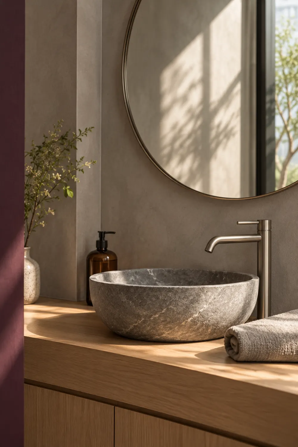 A stone basin on an oak counter with a round mirror