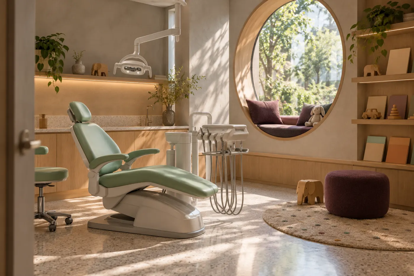 The kids’ room with a mint-green chair and a window seat