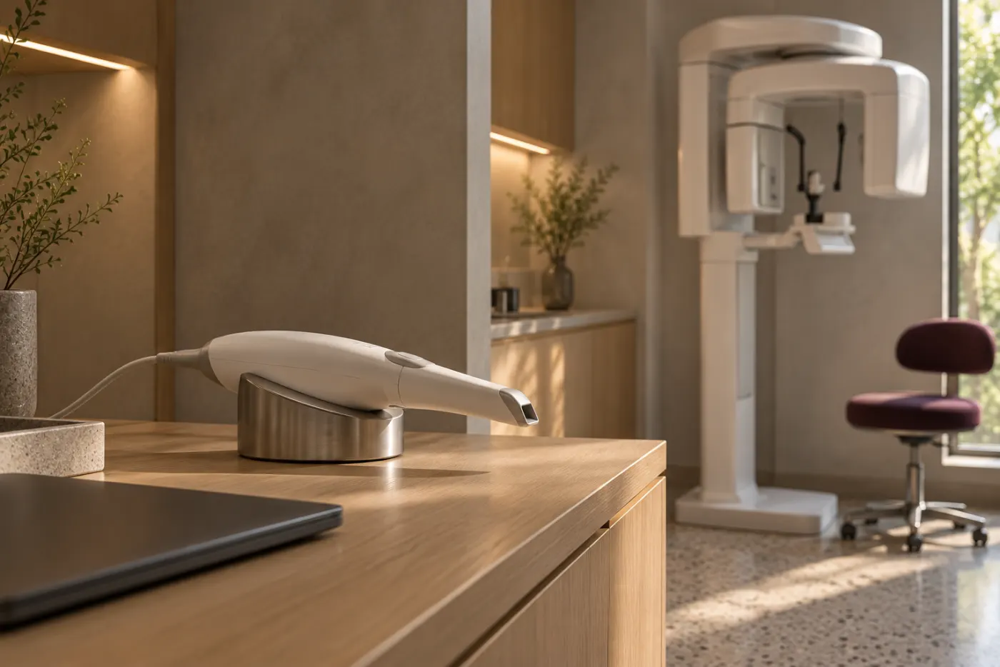 An intraoral scanner in its cradle on an oak counter, a CBCT unit behind