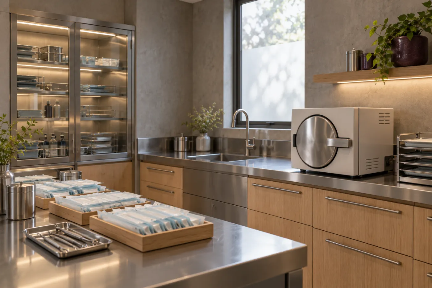 Steel benches, an autoclave and sealed instrument pouches in oak trays