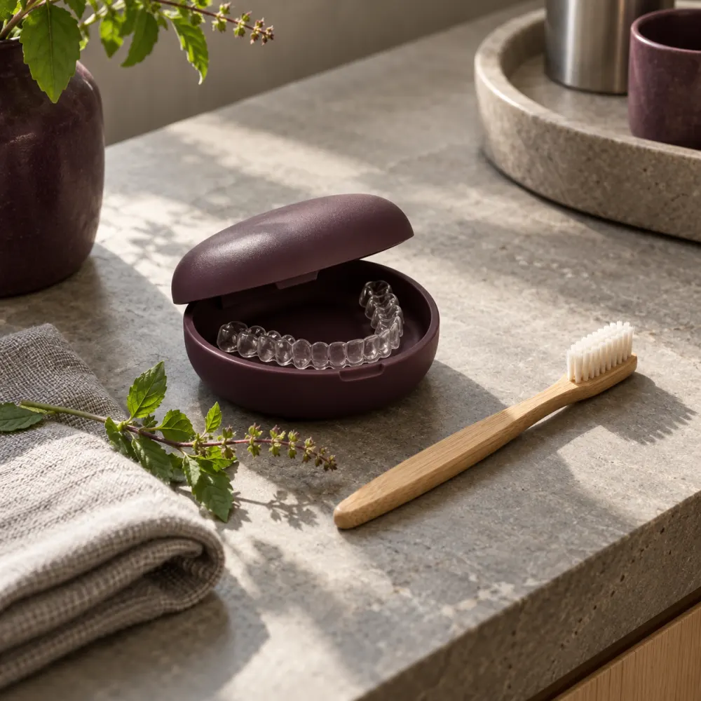 A plum aligner case and a bamboo toothbrush on grey stone