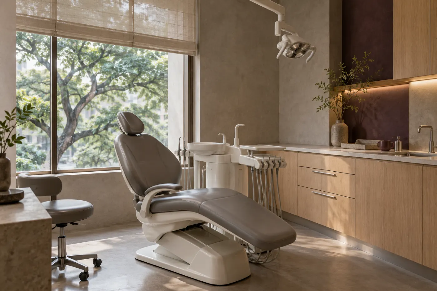 A treatment room with a grey chair beside a large window