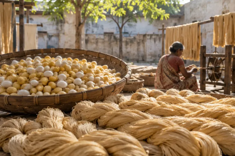 Tussar cocoons and hanks of reeled yarn in a courtyard in Bhagalpur
