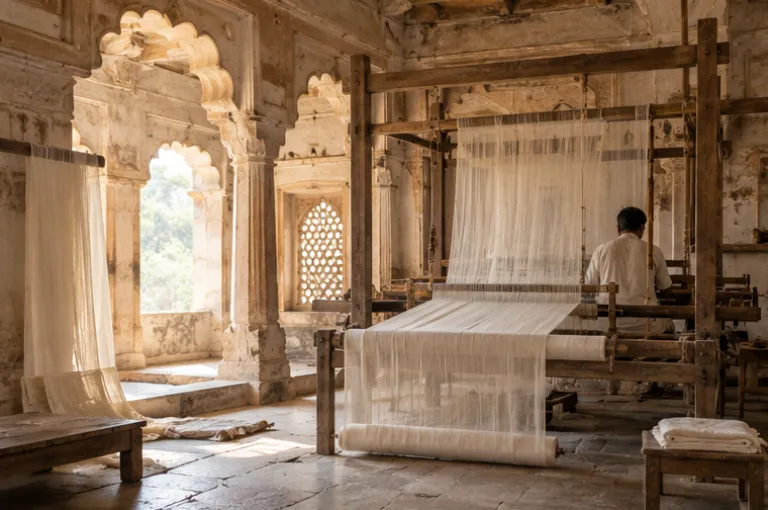 Sheer fabric on a frame loom in a sandstone house in Chanderi