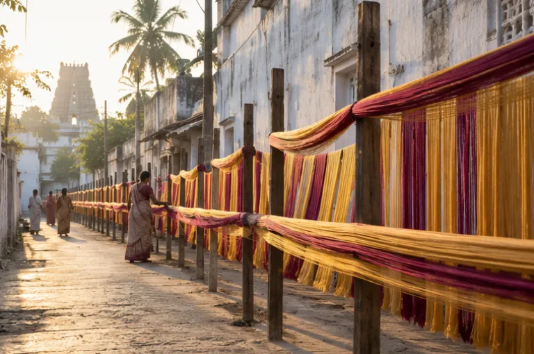 Silk warp threads stretched along a lane in Kanchipuram