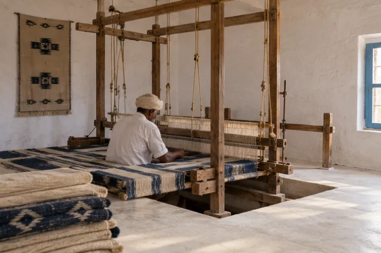 A weaver at a pit loom with white and indigo wool in Bhujodi