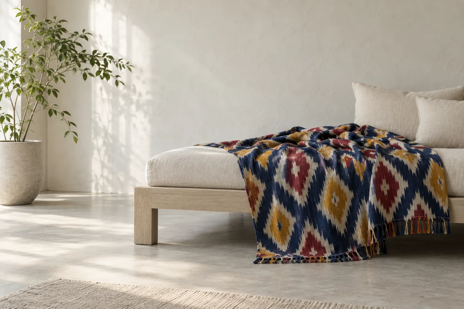 A Pochampally double-ikat throw draped over a low oak daybed in a calm Bengaluru flat with lime-plaster walls