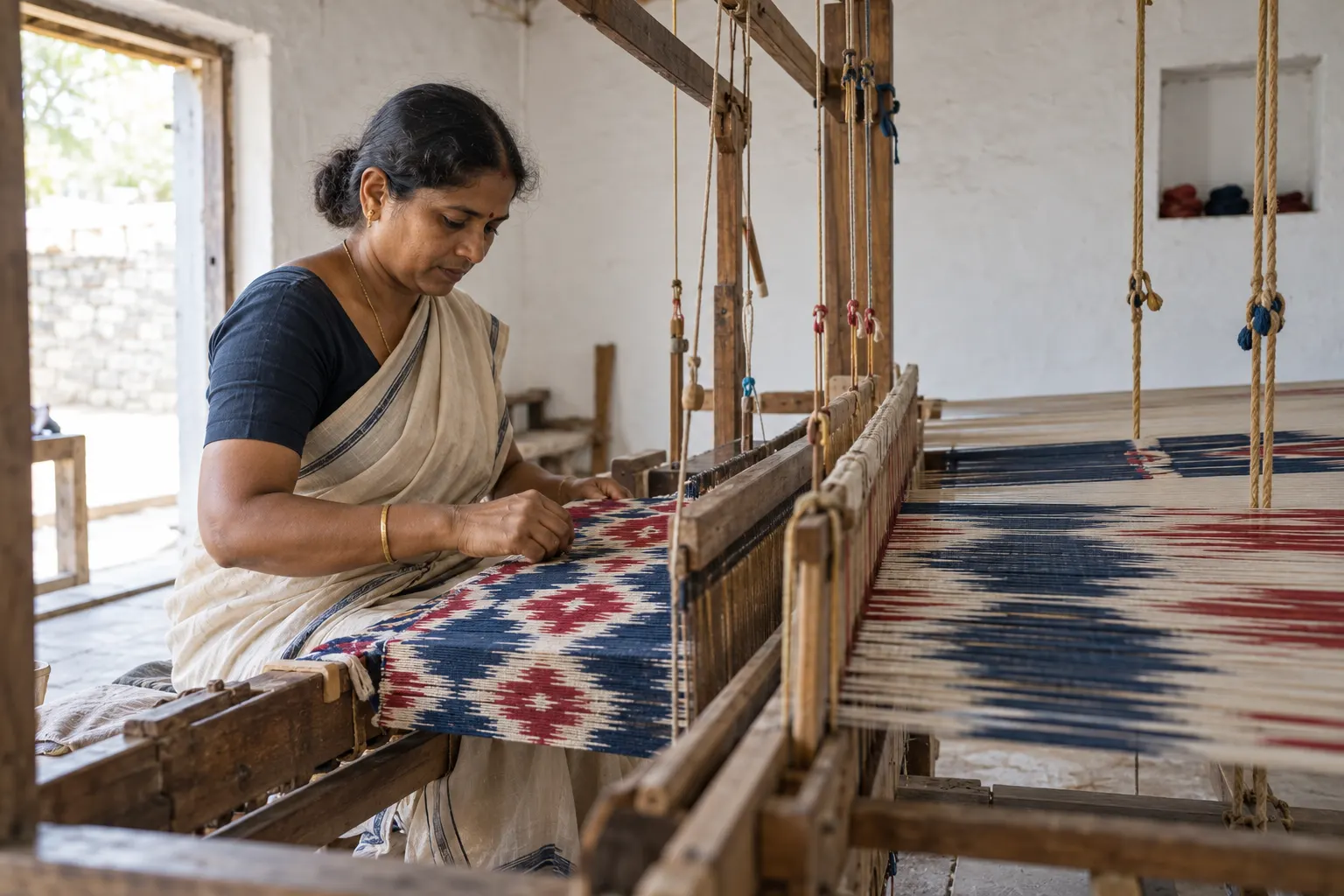 Lakshmi R. weaving a double ikat at her pit loom in Koyalagudem