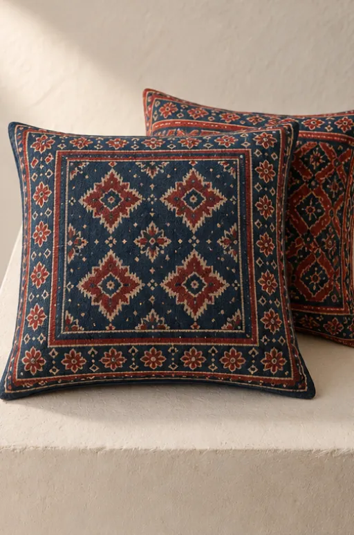 Ajrakh kala-cotton cushion covers, pair