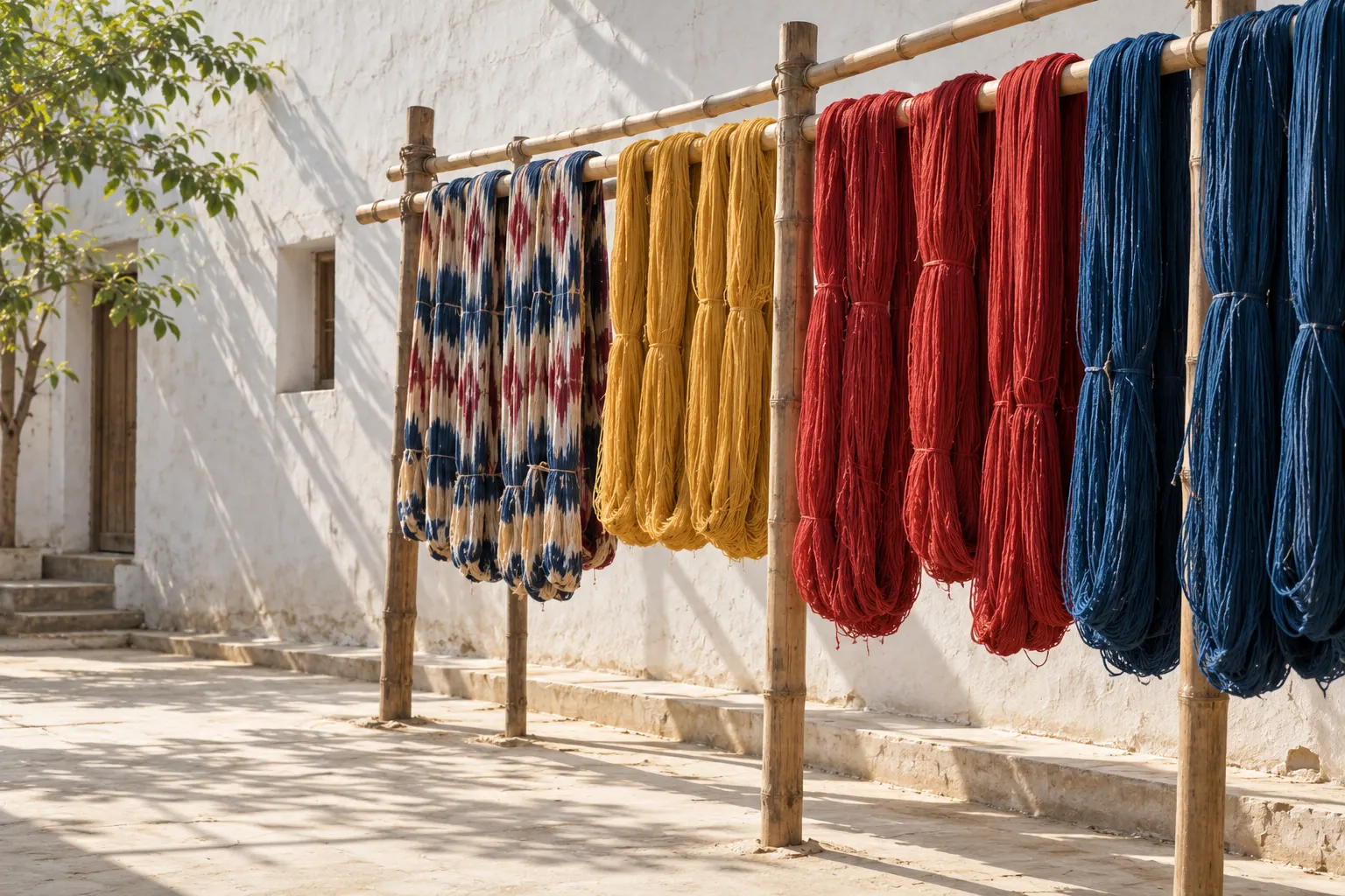 Tie-dyed ikat yarn and indigo, madder and yellow hanks drying on bamboo poles in a village courtyard