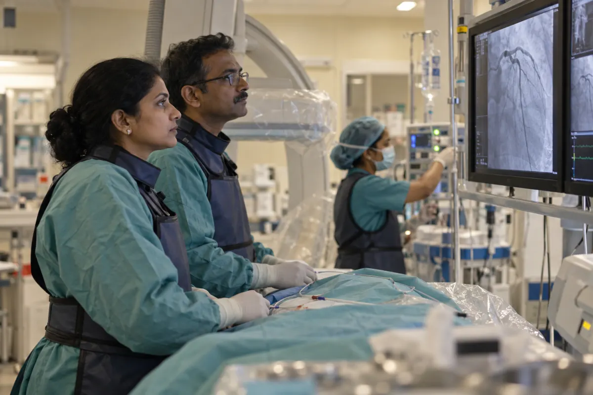 Cath lab team reviewing an angiogram