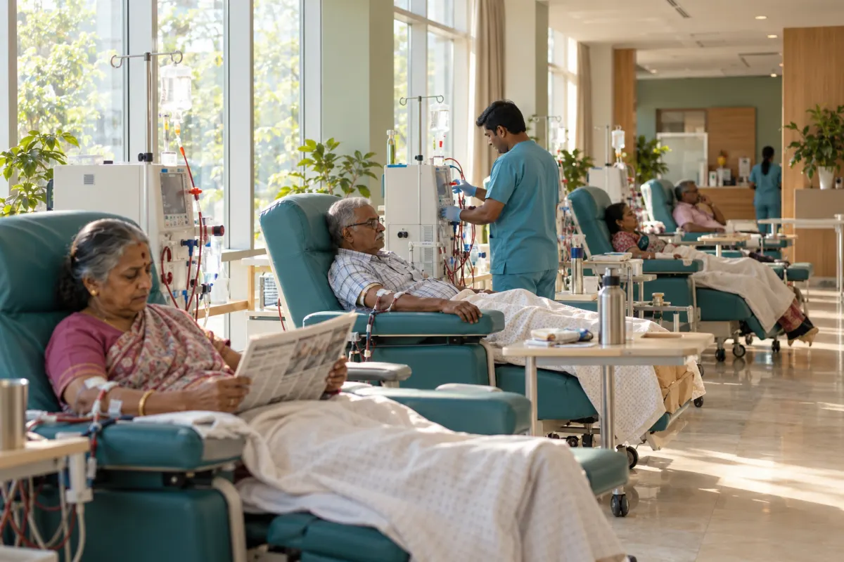 Dialysis unit with patients reading by daylight