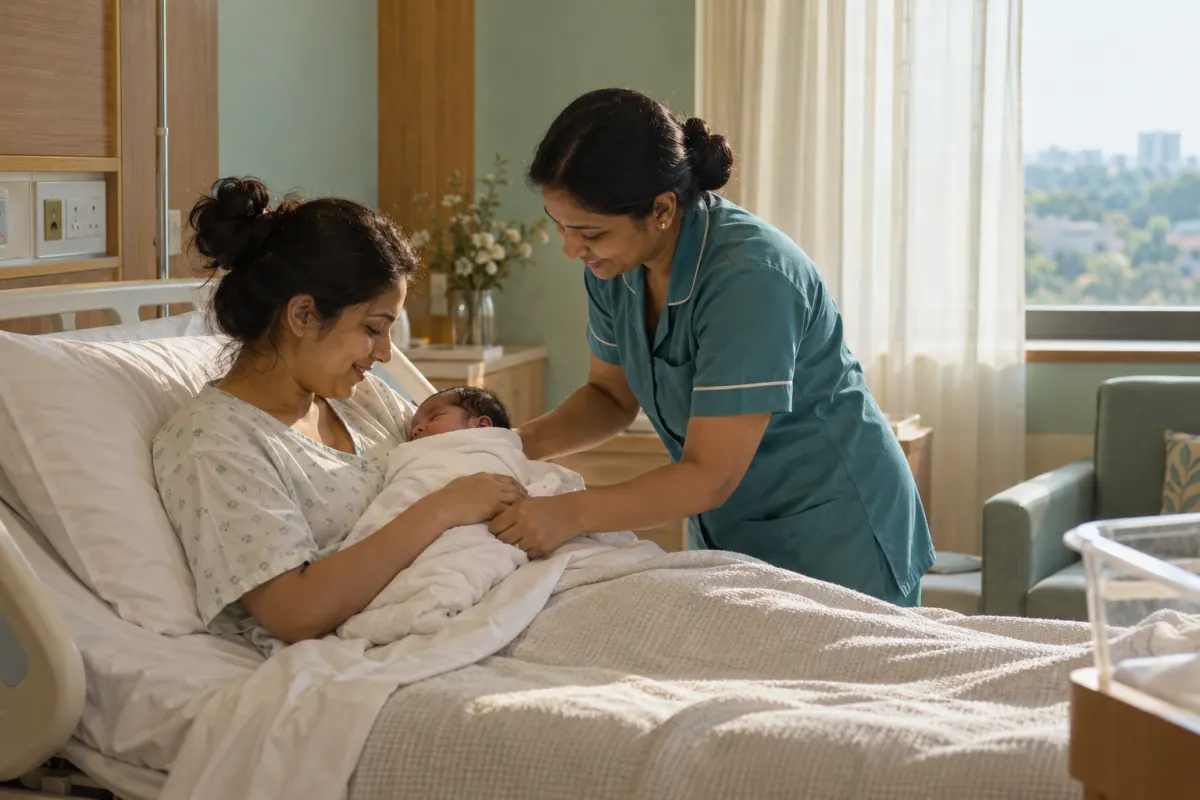 Nurse with a mother and newborn in a quiet room