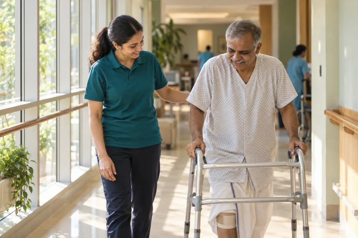 Physiotherapist walking with a patient after knee replacement