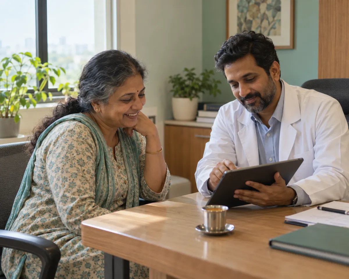 A woman in her fifties having a relaxed conversation with a physician
