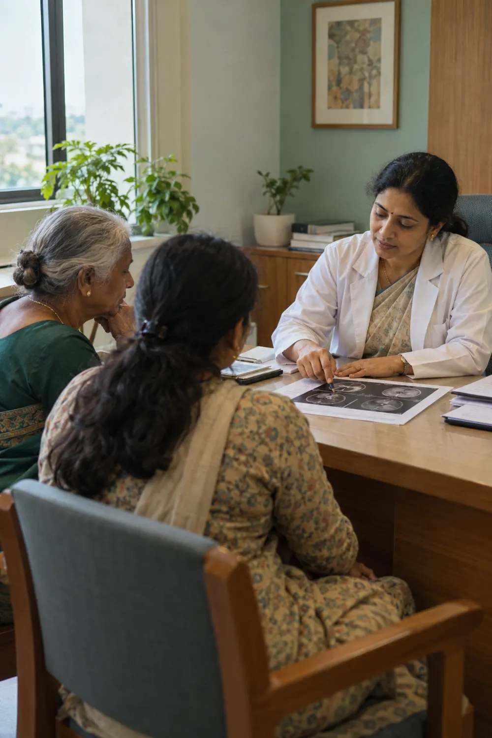 A consultant explaining a scan to an older patient and her daughter