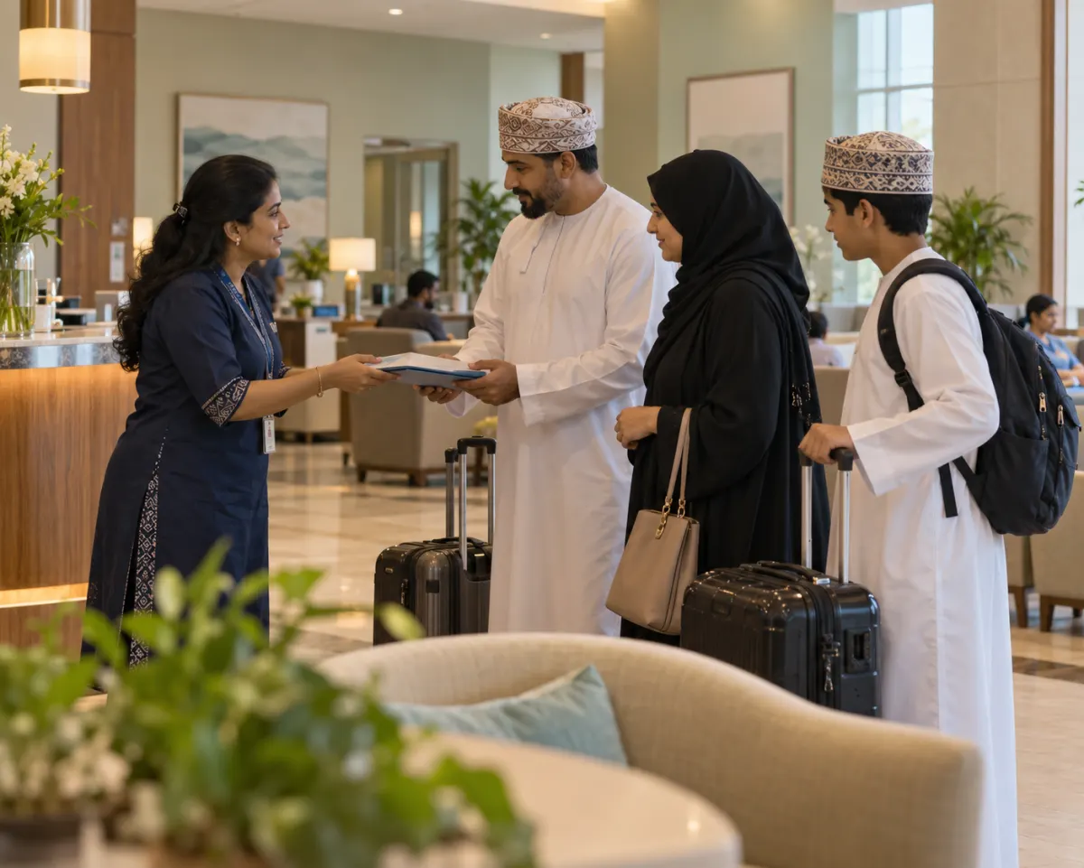 International patient coordinator welcoming a family at the lounge