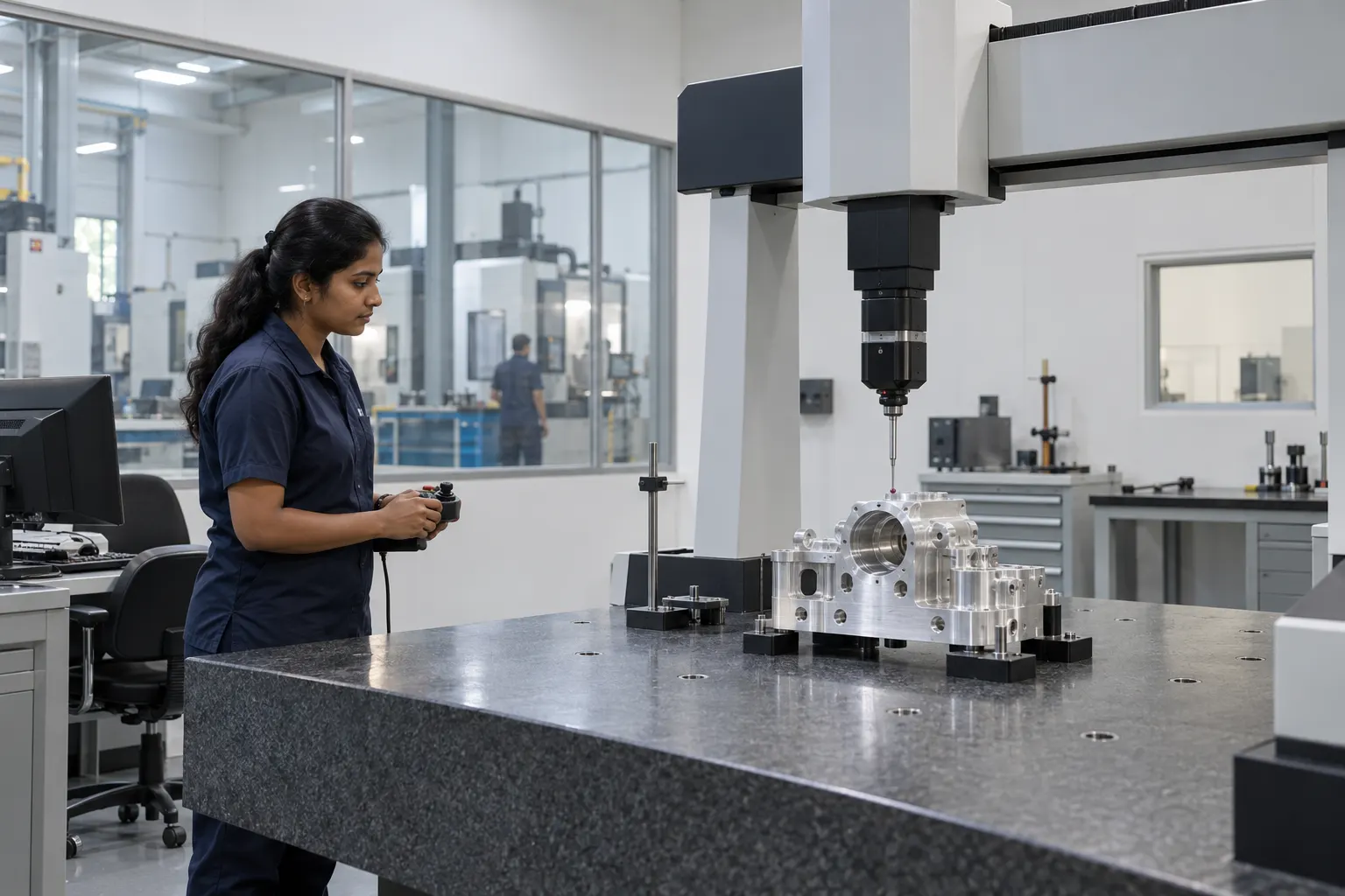 Quality engineer watching a bridge CMM probe an aluminium part