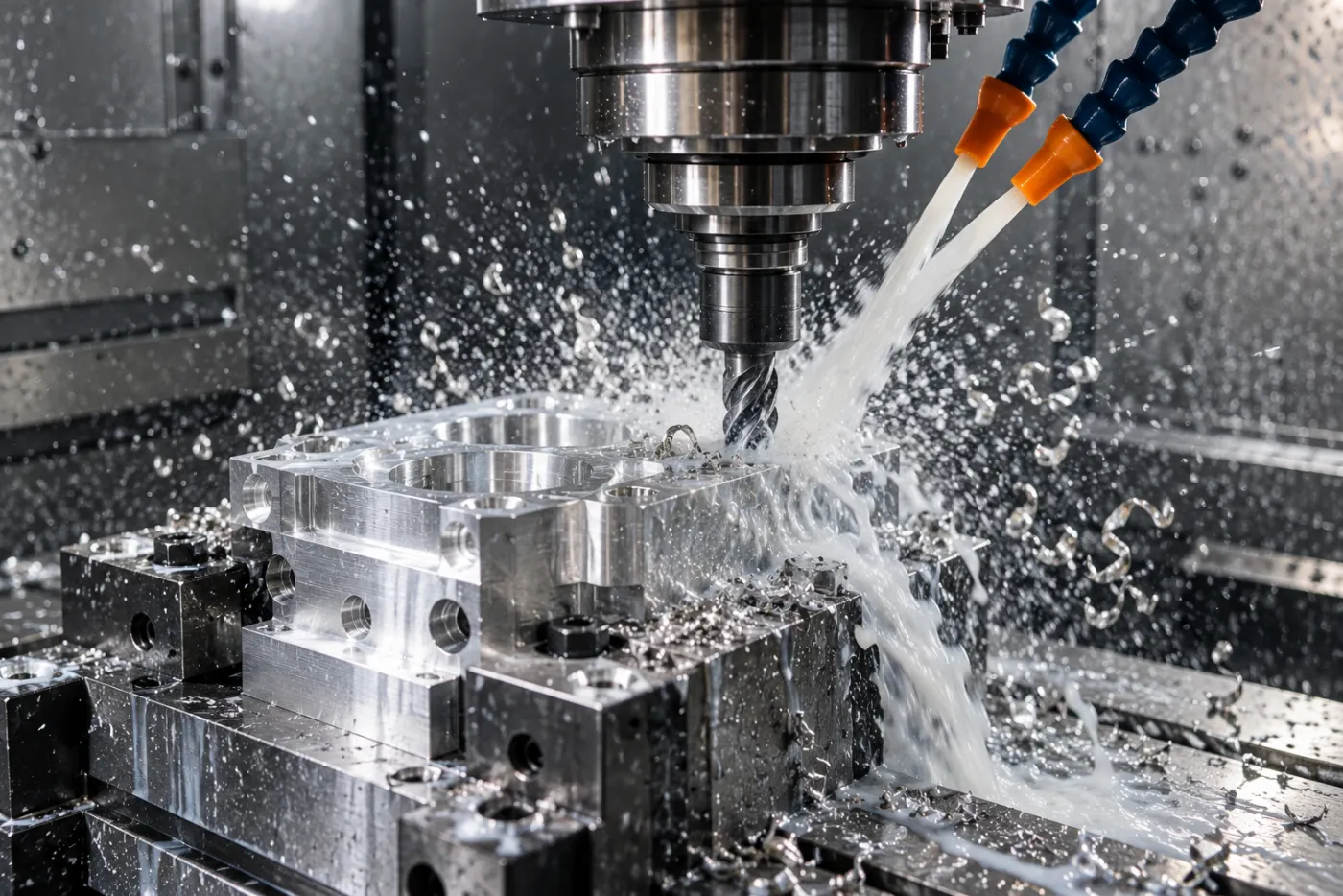 Coolant jets around an end mill cutting aluminium inside a machining centre