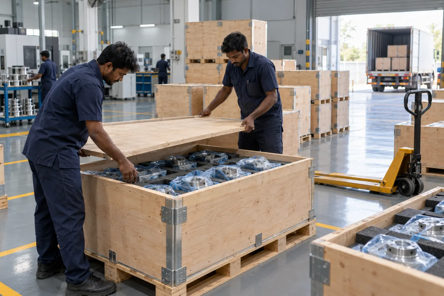 Workers closing an export crate with VCI-wrapped parts