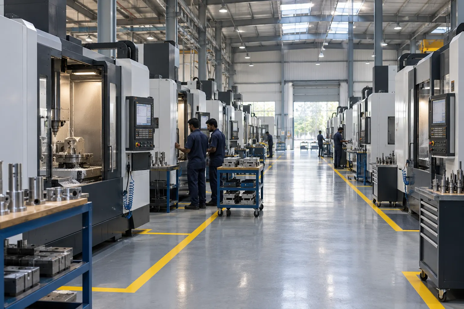 Aisle between two rows of five-axis machining centres on the Kurichi shop floor