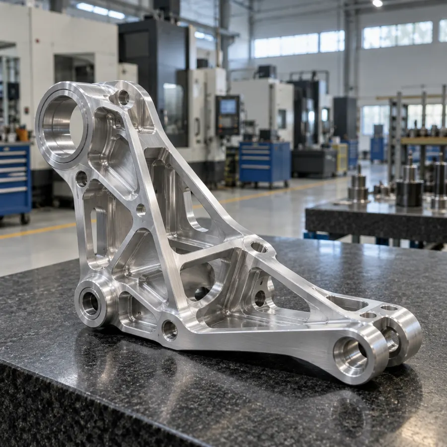 Five-axis machined aluminium aerospace bracket on granite