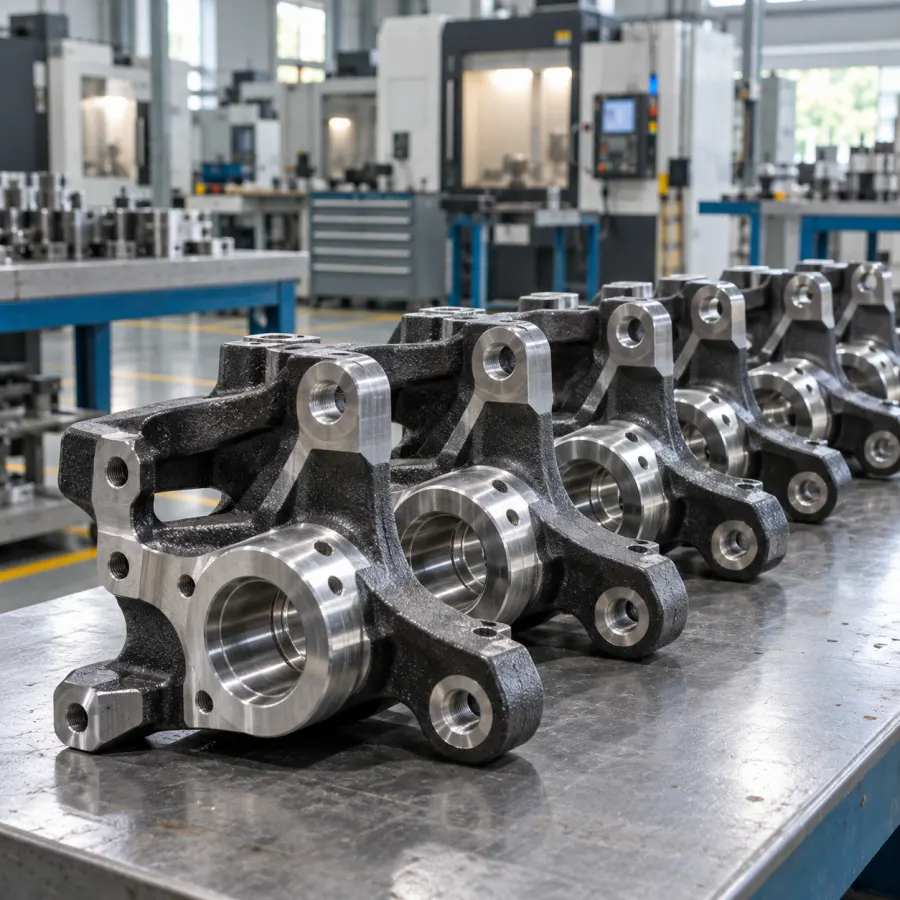 Machined SG iron brake caliper brackets in a row