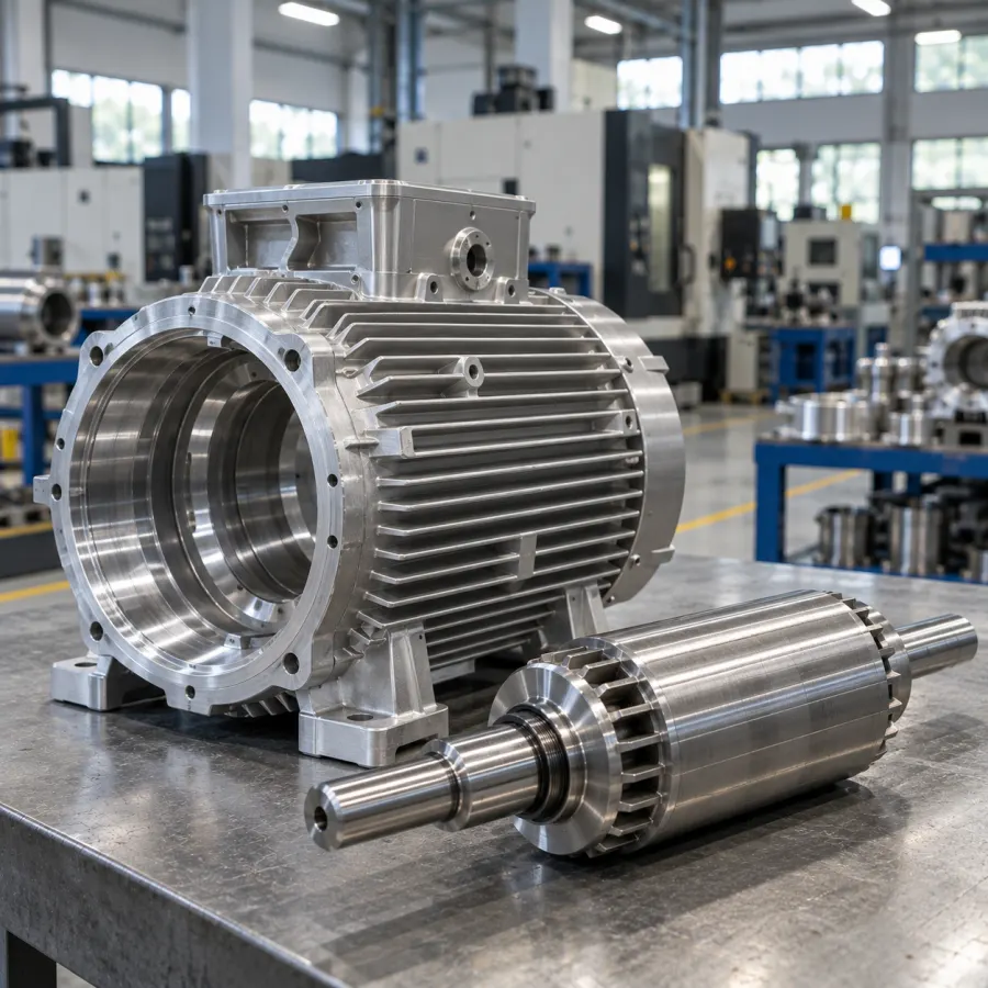 Machined aluminium motor housing and rotor shaft