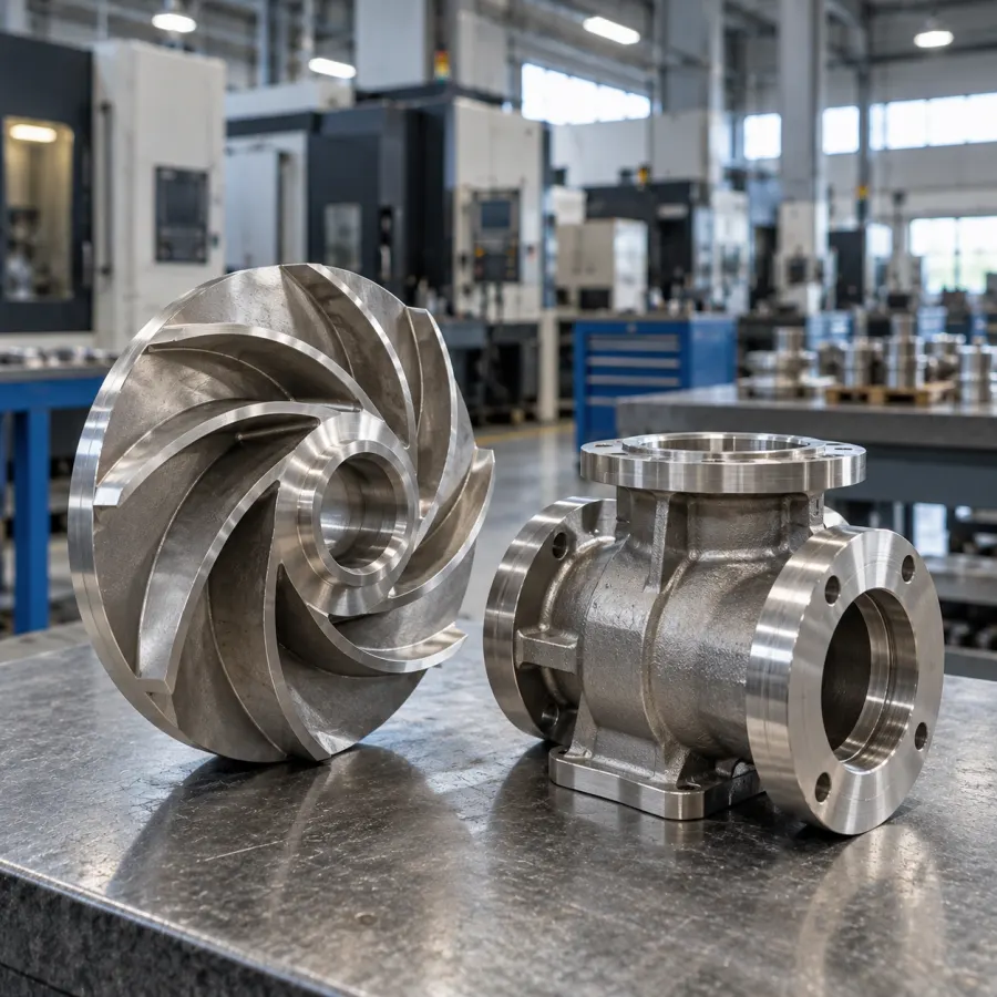 Machined stainless steel impeller beside a valve body