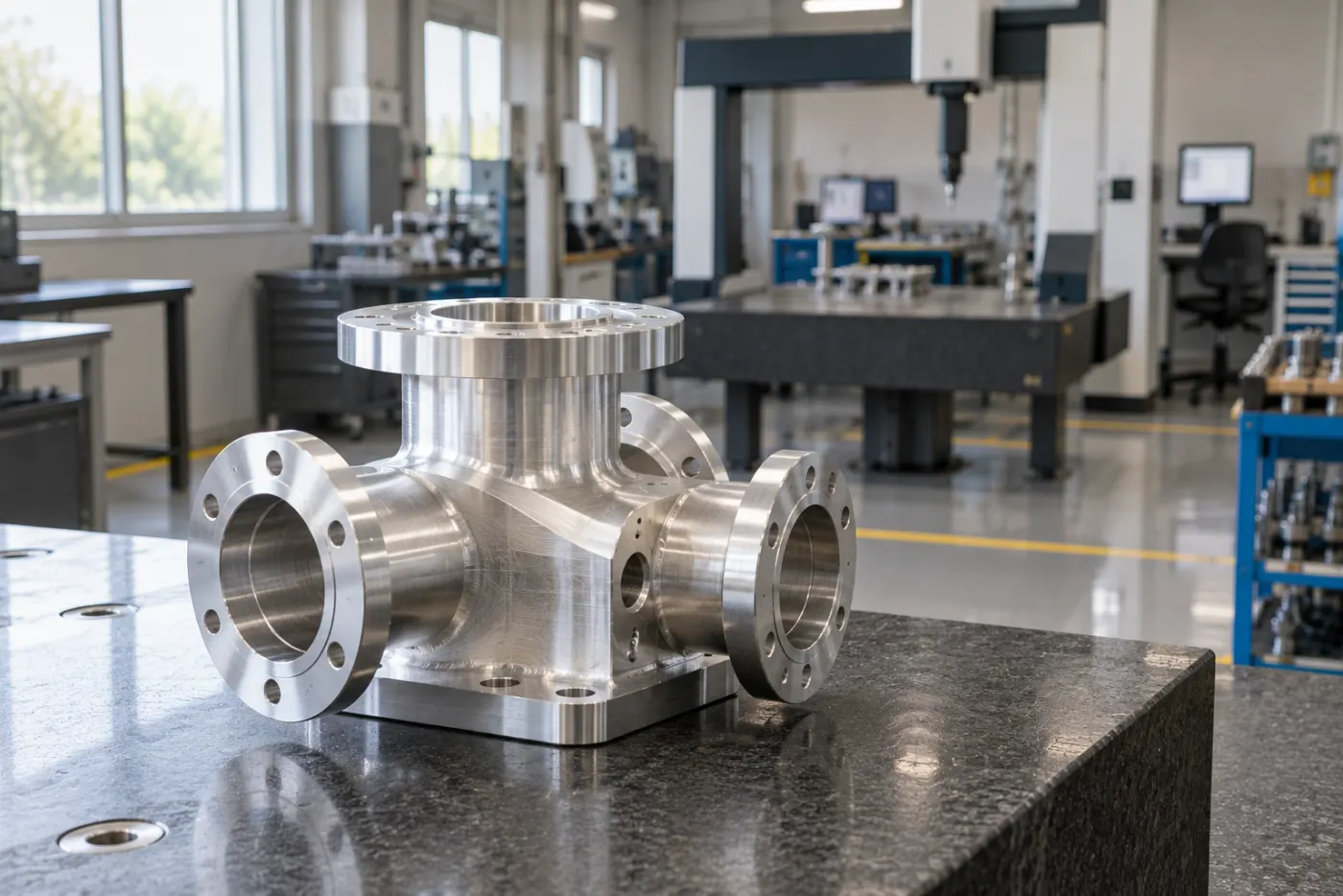 Finished aluminium flange on a granite surface plate