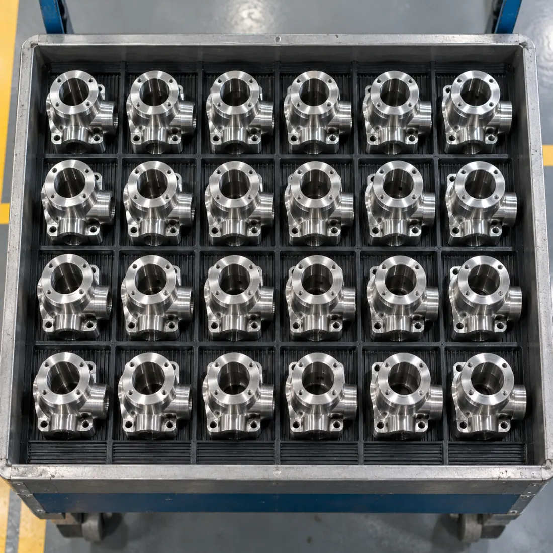 Tray of identical machined stainless steel fittings