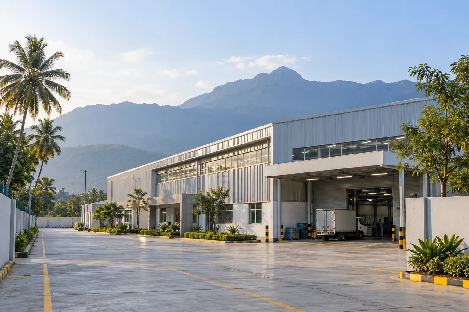 Vardhan Precision plant in Coimbatore with the Western Ghats behind