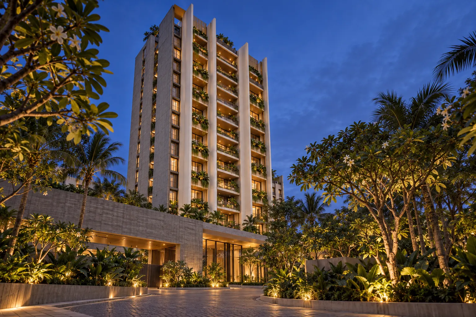 The Banyan at dusk, seen from the landscaped drop-off court
