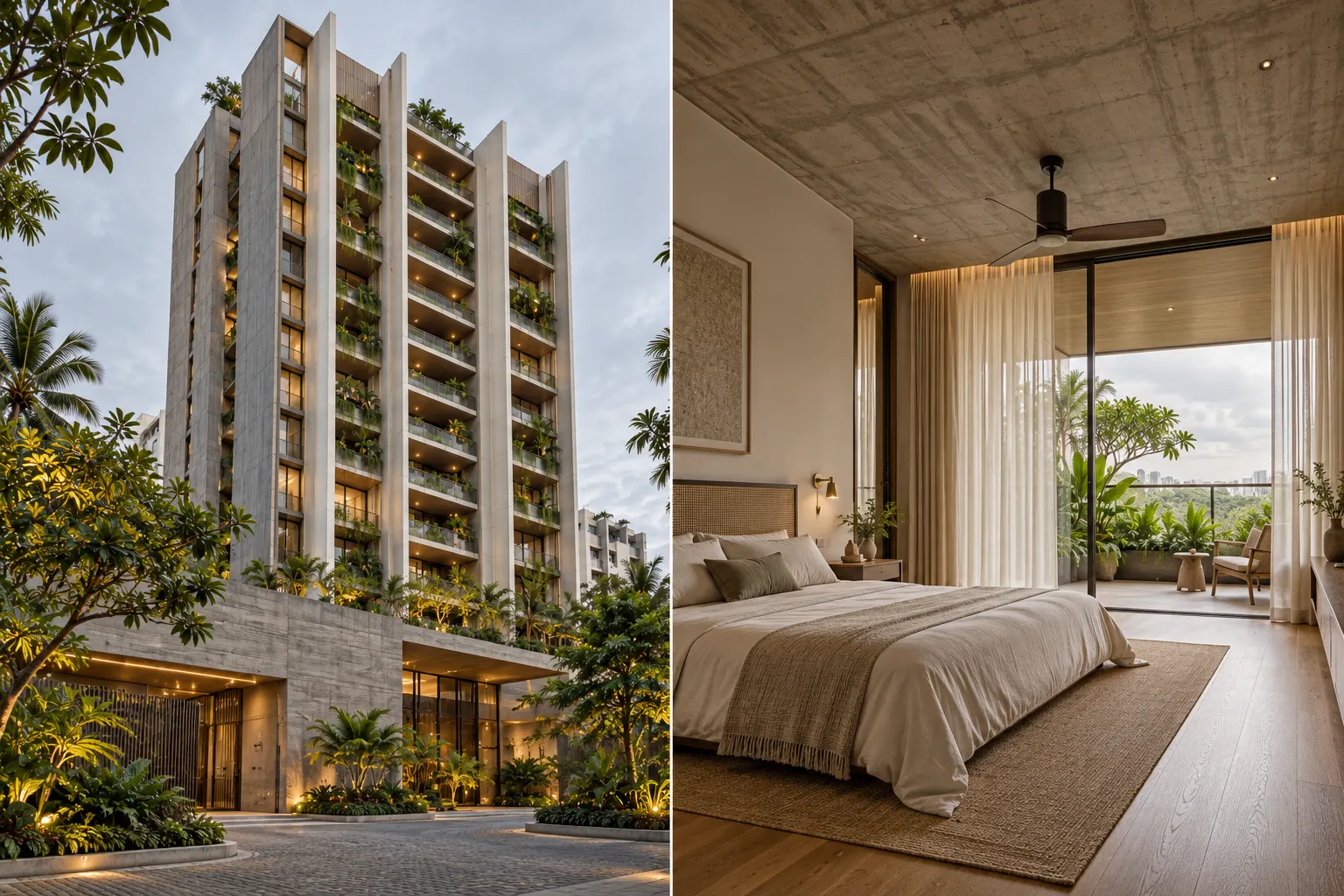 Master bedroom with a cane headboard, oak floor and a planted balcony beyond