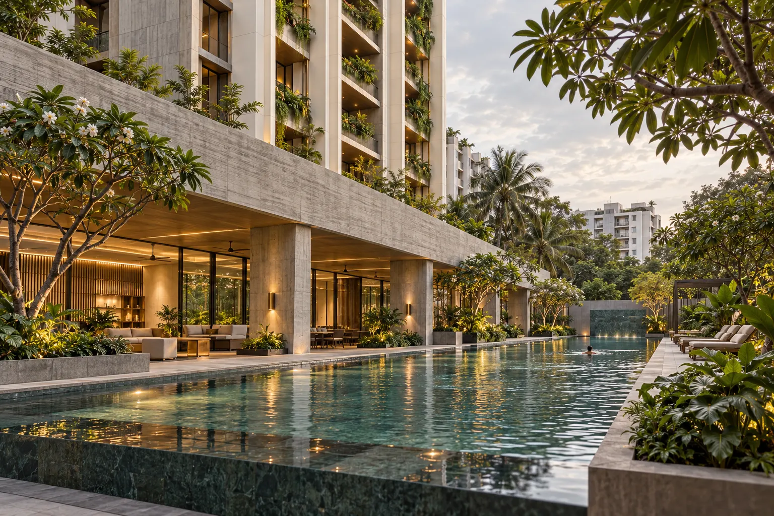 The podium lap pool with a concrete colonnade and frangipani trees