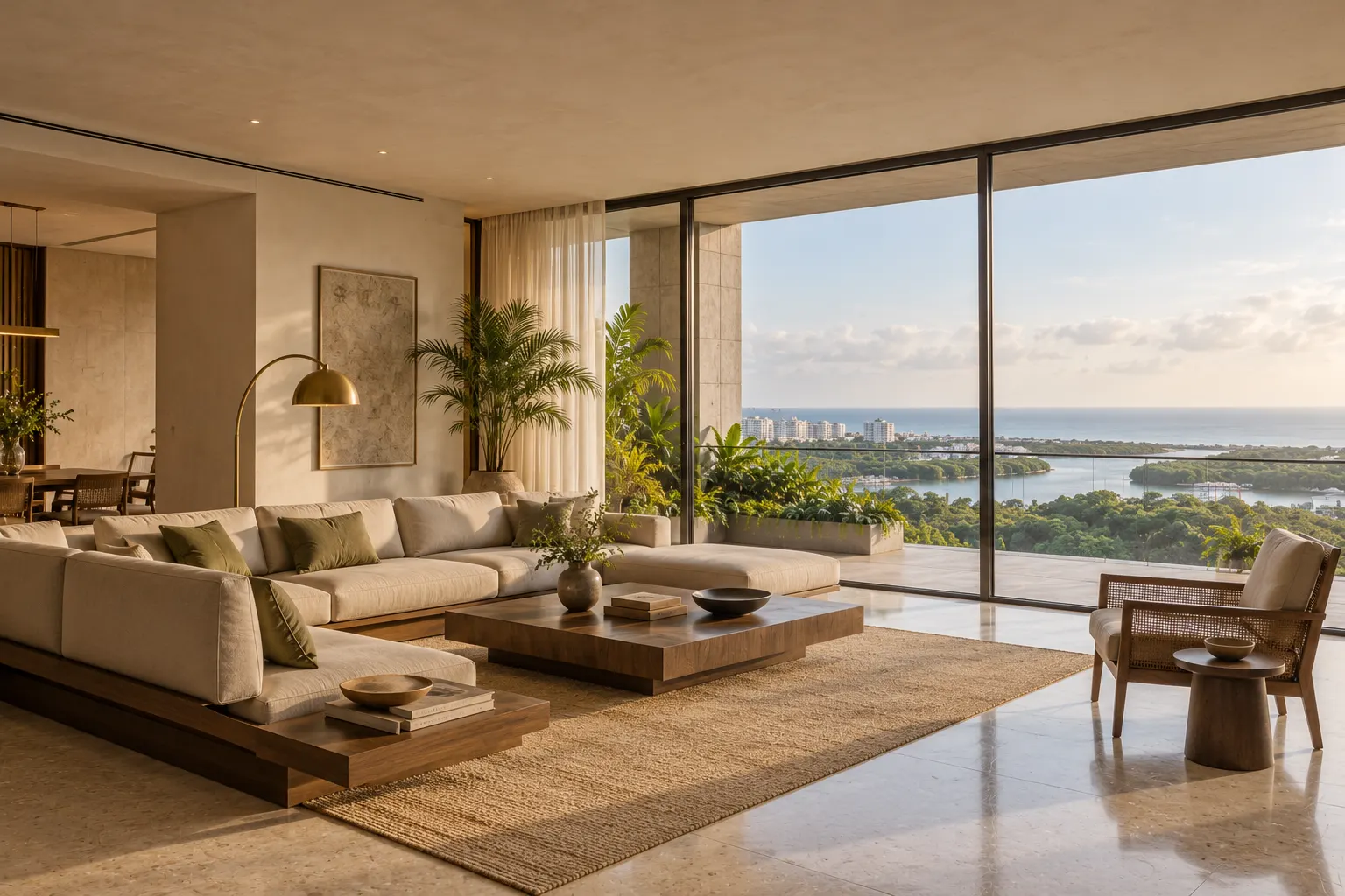 A high-floor living room with terrazzo floor and a soft view of the sea and the Adyar estuary